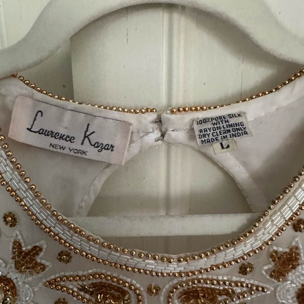 Vintage Lawrence Kazar Silk Beaded Sequined White And Gold Evening Dress Size L - Picture 2 of 7
